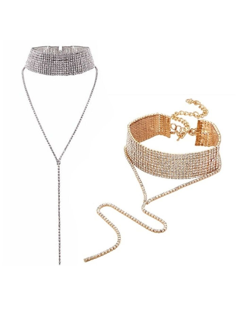 Silver or Gold Tone Rhinestone Choker Collar Necklace New Flashy Sparkle